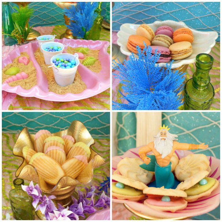 Mermaid baby shower ideas with cookies and edibles replicating under sea life