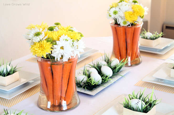 Natural Easter Table Centerpiece with Carrots and Flowers