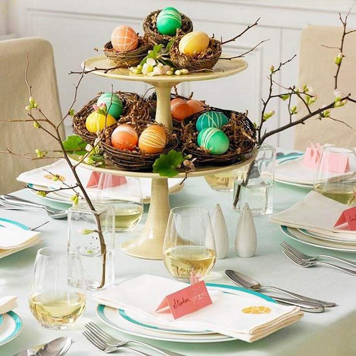 Natural Easter Table Centerpiece with multi colored eggs
