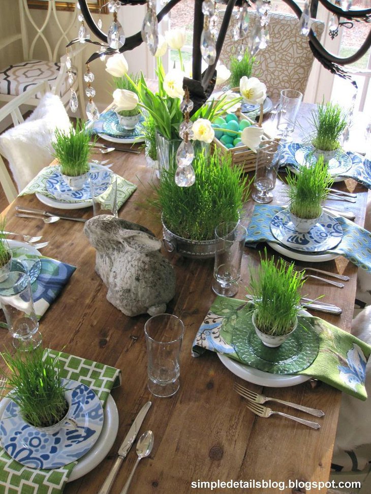 Natural Indoor Grass and Bunny Easter Table Settings
