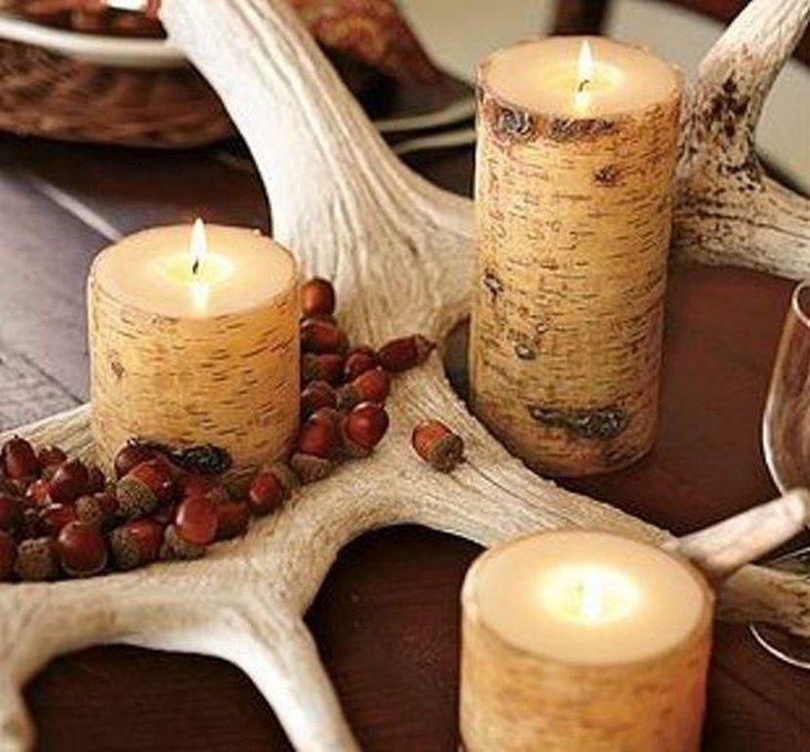 Natural Wooden Candleholder With Acorns and Candles