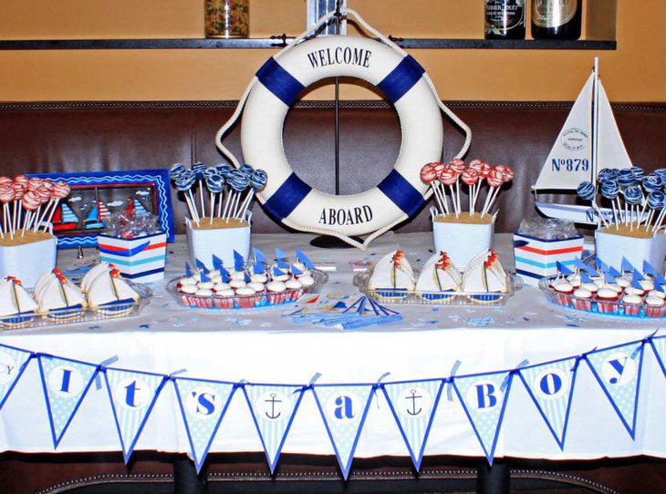 Nautical inspired dessert table for boy baby shower