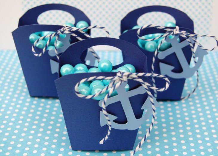 Nautical themed baby shower candy box favors in navy blue
