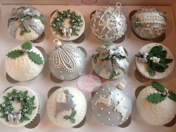Ornamental silver Christmas cupcakes