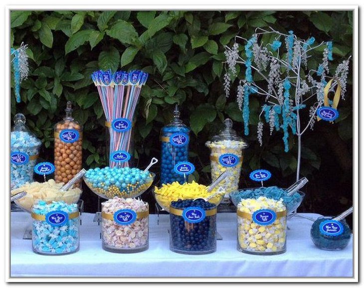 Outdoor blue wedding candy table idea