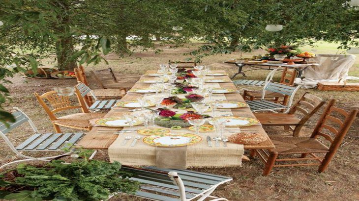 Outdoor party naked table with burlap runner for rustic look