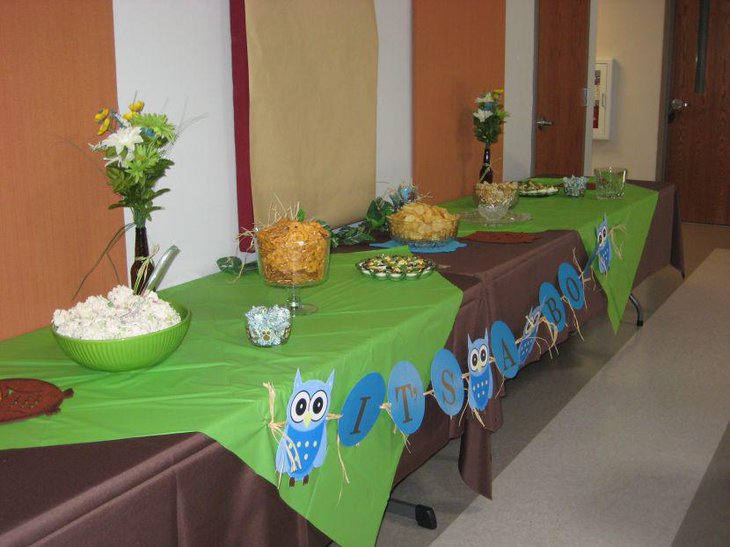 Owl themed boy baby shower table decor