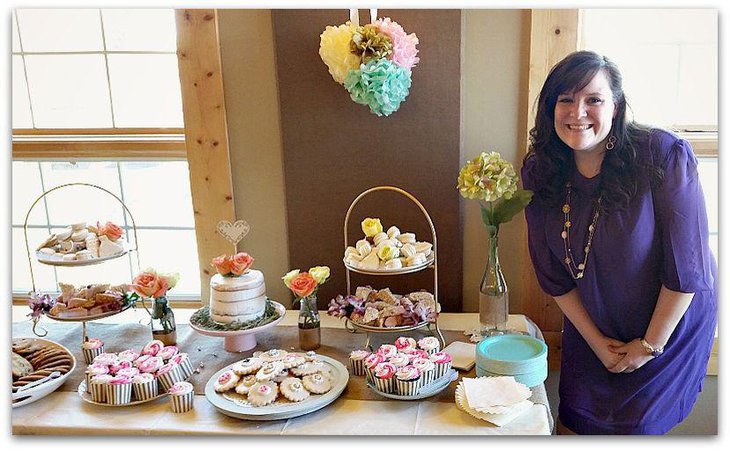 Pastel European dessert tablescape with floral decor