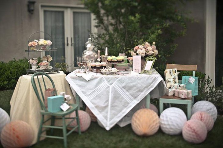 Pastel garden bridal shower table decor