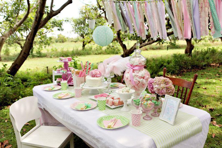 Pastel garden spring birthday table decoration