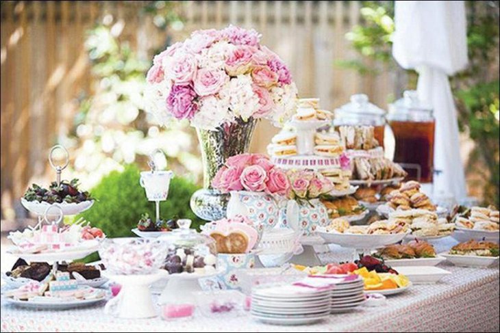 Pastel tea party bridal shower table decor