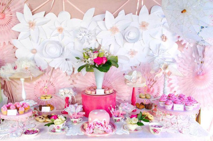 Pink and white high tea themed bridal shower dessert table