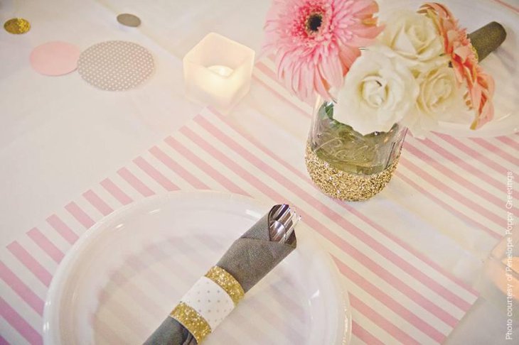 Pink Grey and Glitter Baby Shower Table Decor
