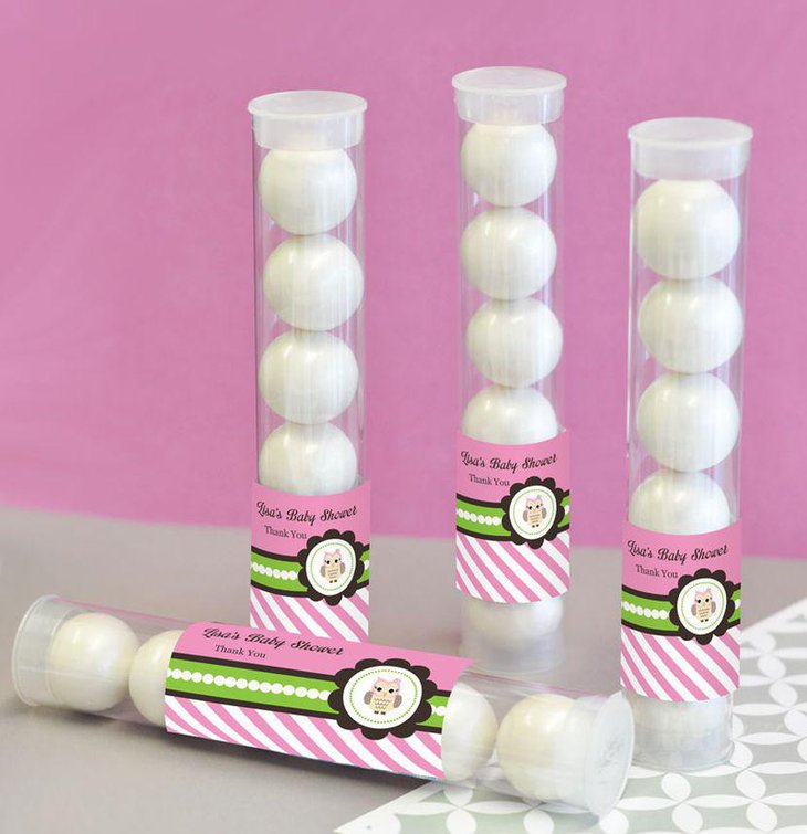 Pink owl baby shower candy tube favors