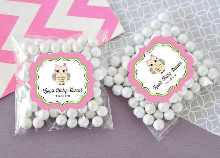 Pink owl themed baby shower candy favors