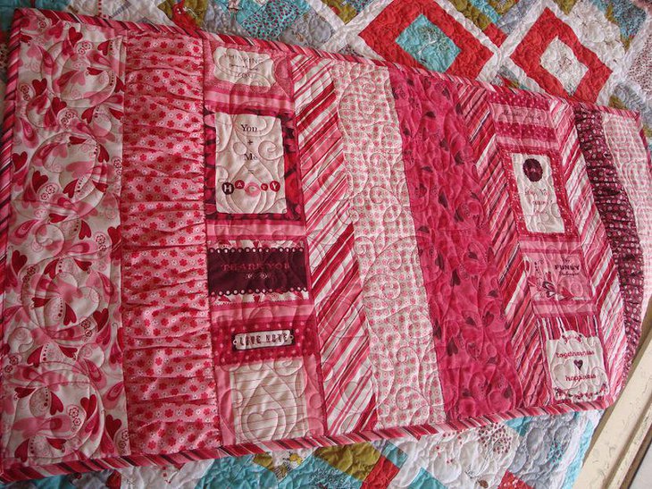 Pink quilted Valentines table runner with hearts and small stars