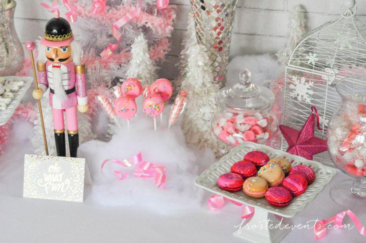 Pink themed nutcracker winter wonderland dessert table