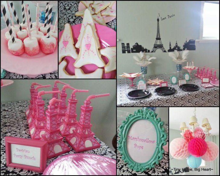 Pretty Eiffel tower birthday favors displayed on this sweet 16 party table