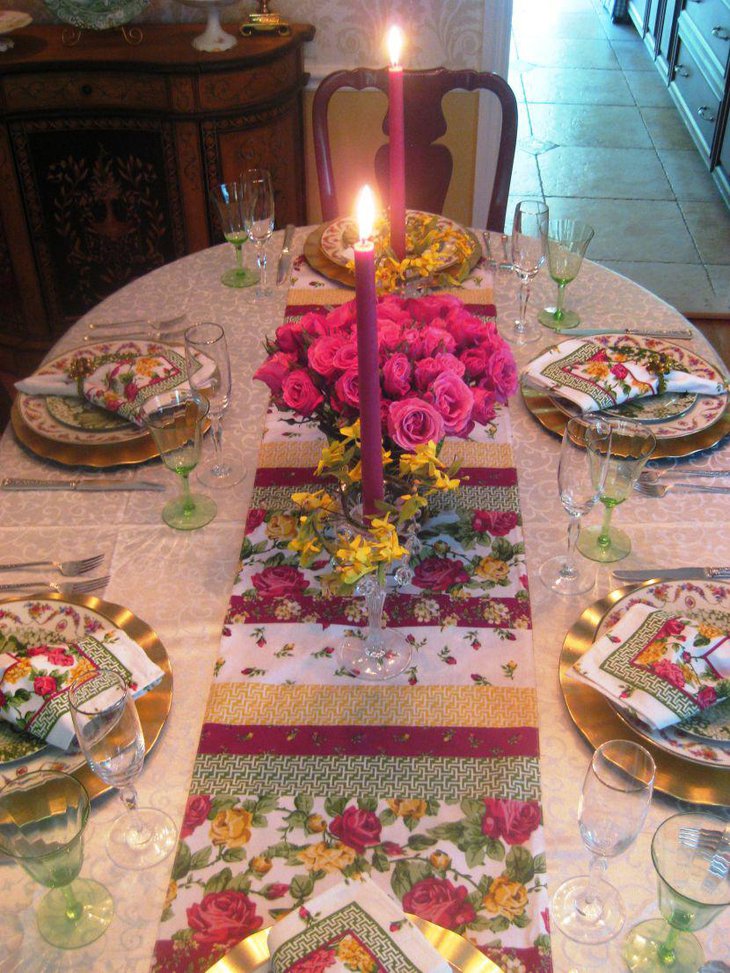 Pretty floral printed table runner for spring dinner