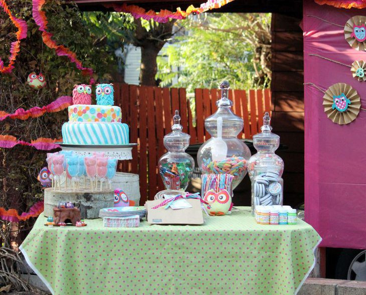 Pretty owl decorations on birthday dessert table