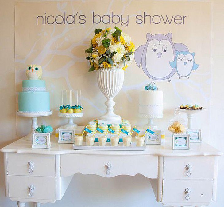 Pretty yellow and blue owl themed dessert table decor