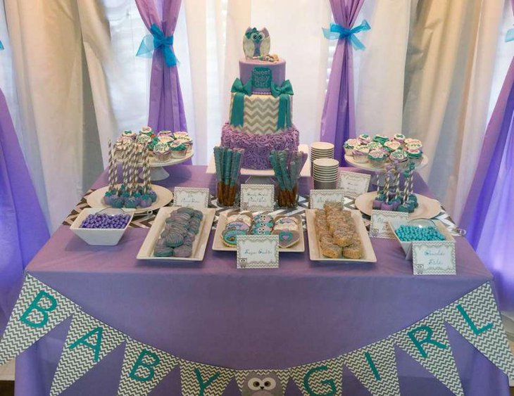 Purple and chevron owl cake centerpiece