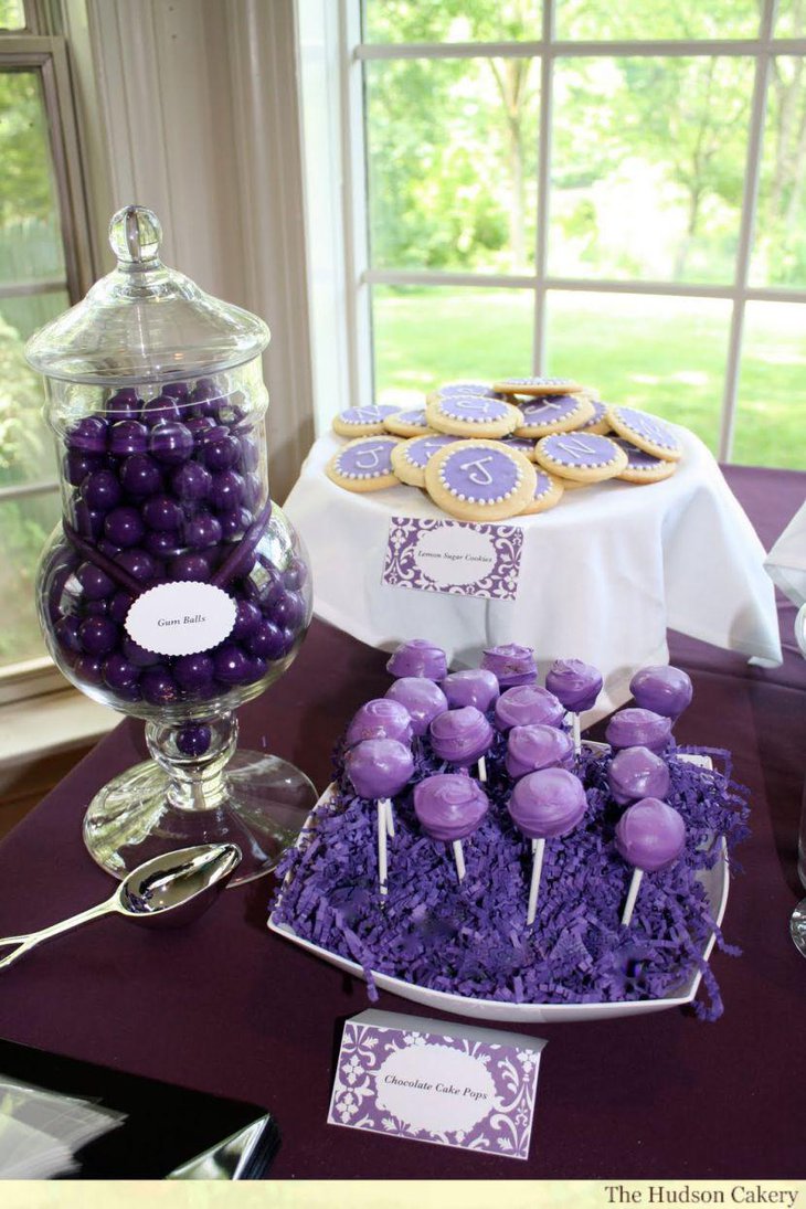Purple toned bridal shower dessert table idea