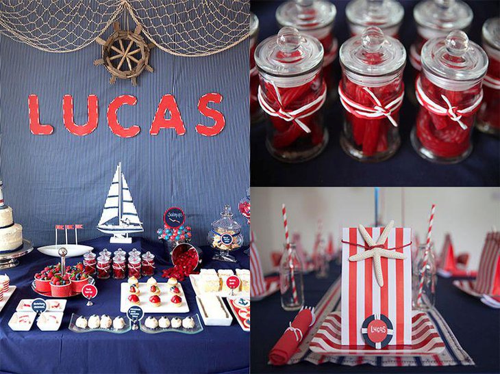 Red and blue dessert table decor with nautical theme