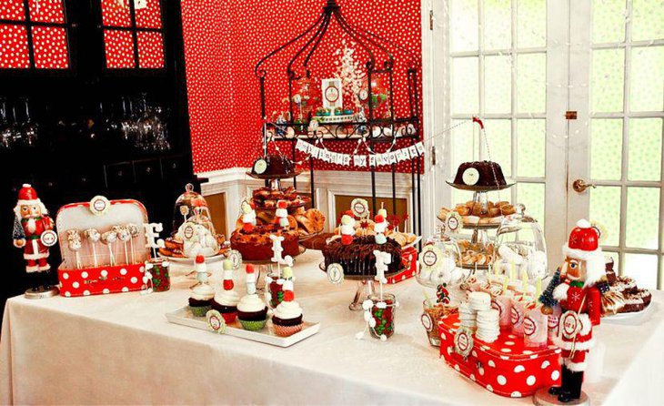 Red and white Christmas dessert table with red elves and white accents