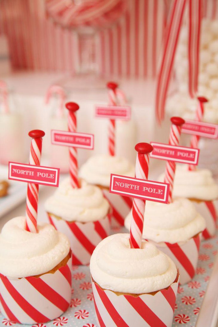 Red and white North Pole cupcakes for Christmas dessert table