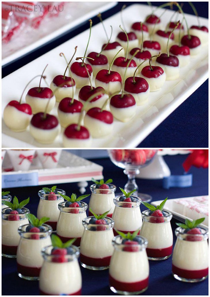 Red and white themed Christmas dessert table with white chocolate cherries