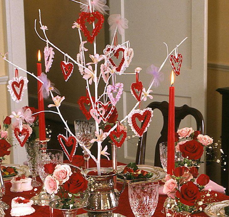 Red and white Valentine branch centerpiece