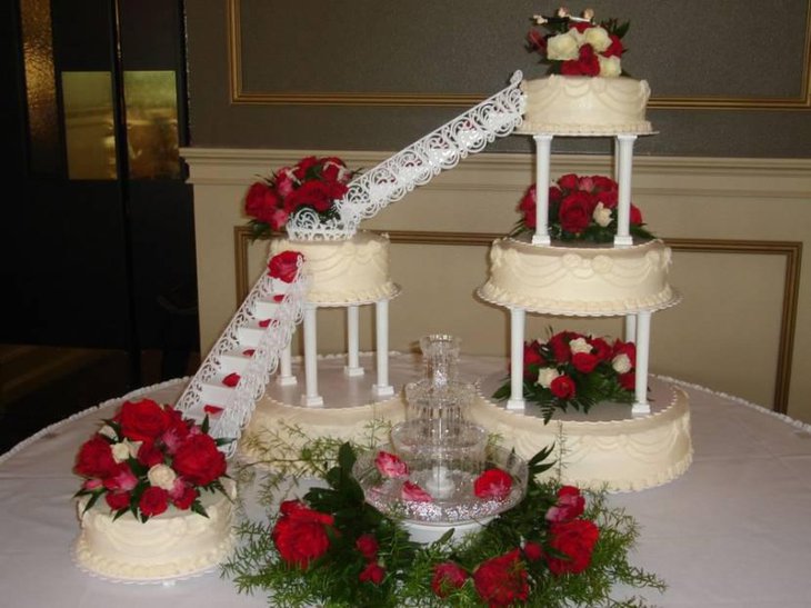 Red And White Wedding Cakes With Fountains