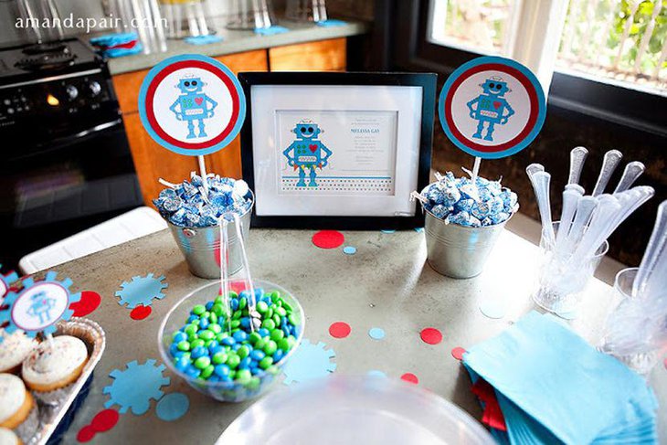 Robot themed boy baby shower candy table decor