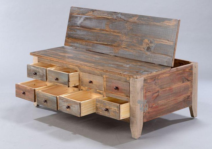 Rustic coffee table with multiple drawers for storage