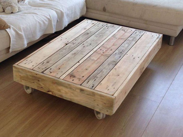 Rustic coffee table with wheels made of wooden pallets