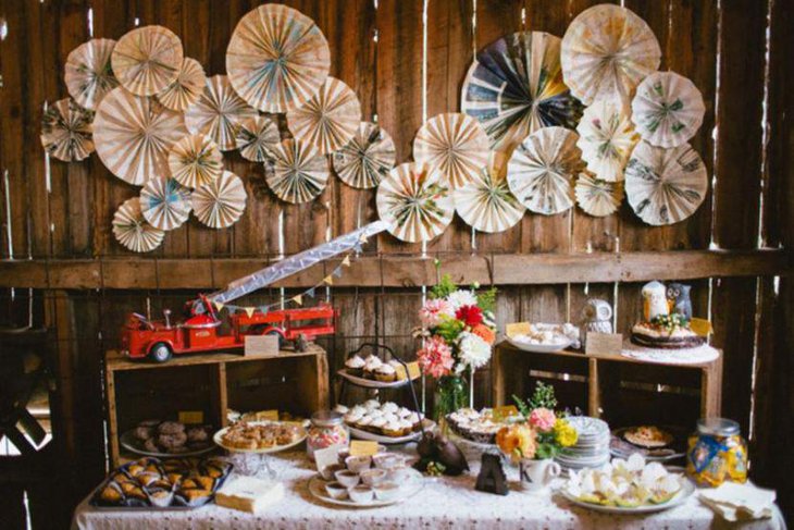 Rustic dessert table with wood setting