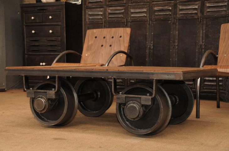 Rustic industrial cart coffee table with wheels