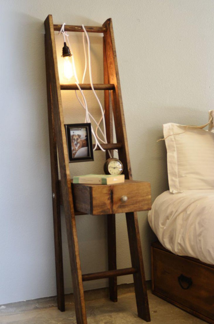 Rustic ladder bedside table decked up with a picture frame and light bulb 1