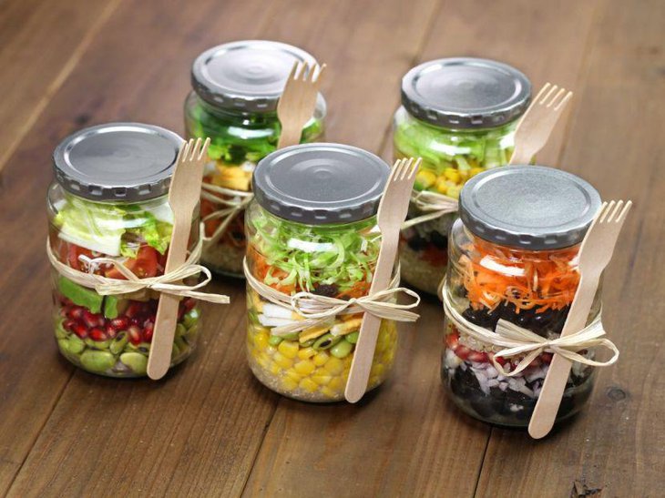 Salads served in mason jars for baby shower buffet