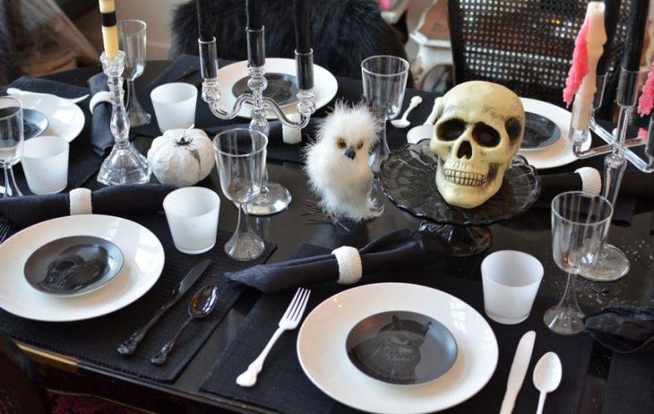 Scary skull on platter as Halloween table decor