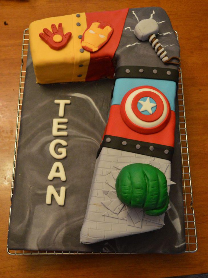 Seventh birthday party Avengers cake for kids