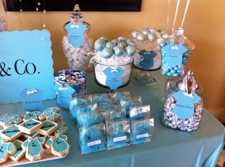 Silver accented candies on baby shower candy table