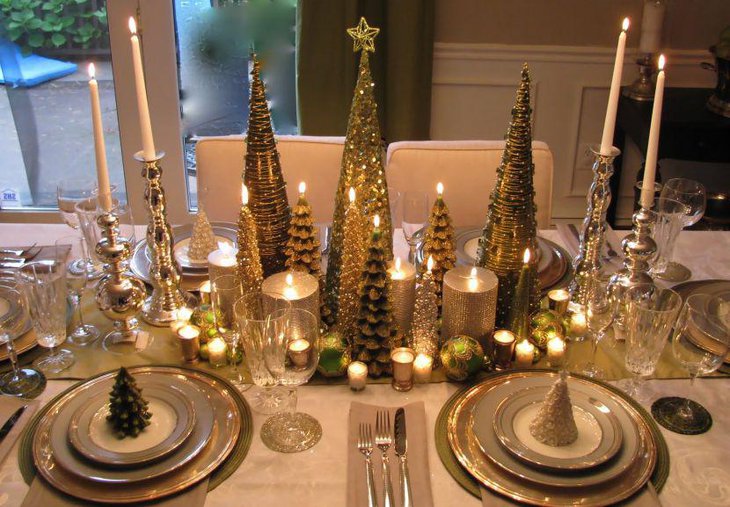 Silver themed dinner table decorated with shimmering Christmas tree balls