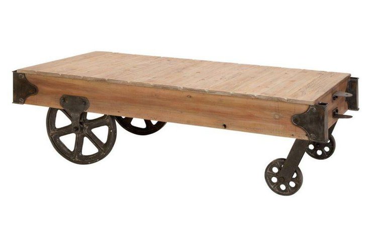 Sleek rustic coffee table with wheels