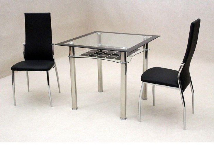 Small square glass dining table with black chairs