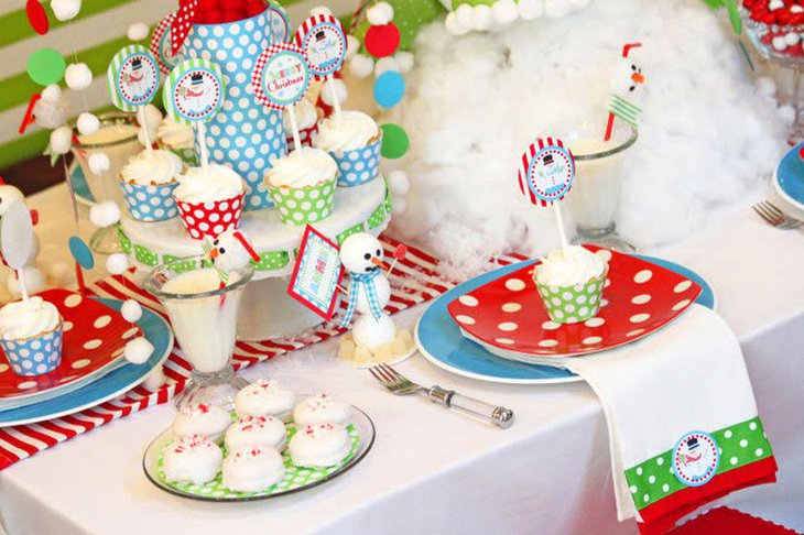 Snowy polka dotted theme for Christmas dessert table decor