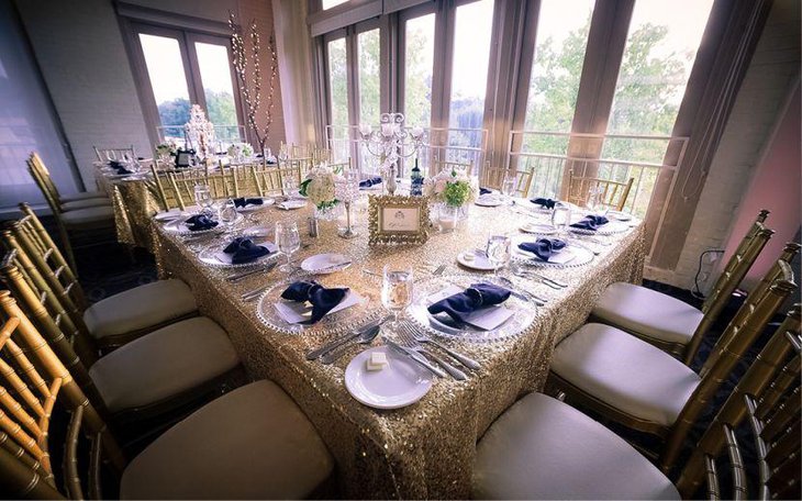 Sparkly golden black and white wedding table