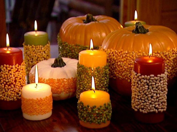 Splendid autumn candles pasted with lentils for Thanksgiving table decor