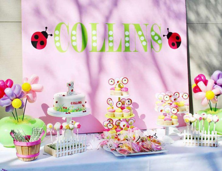 Spring garden ladybug themed birthday table